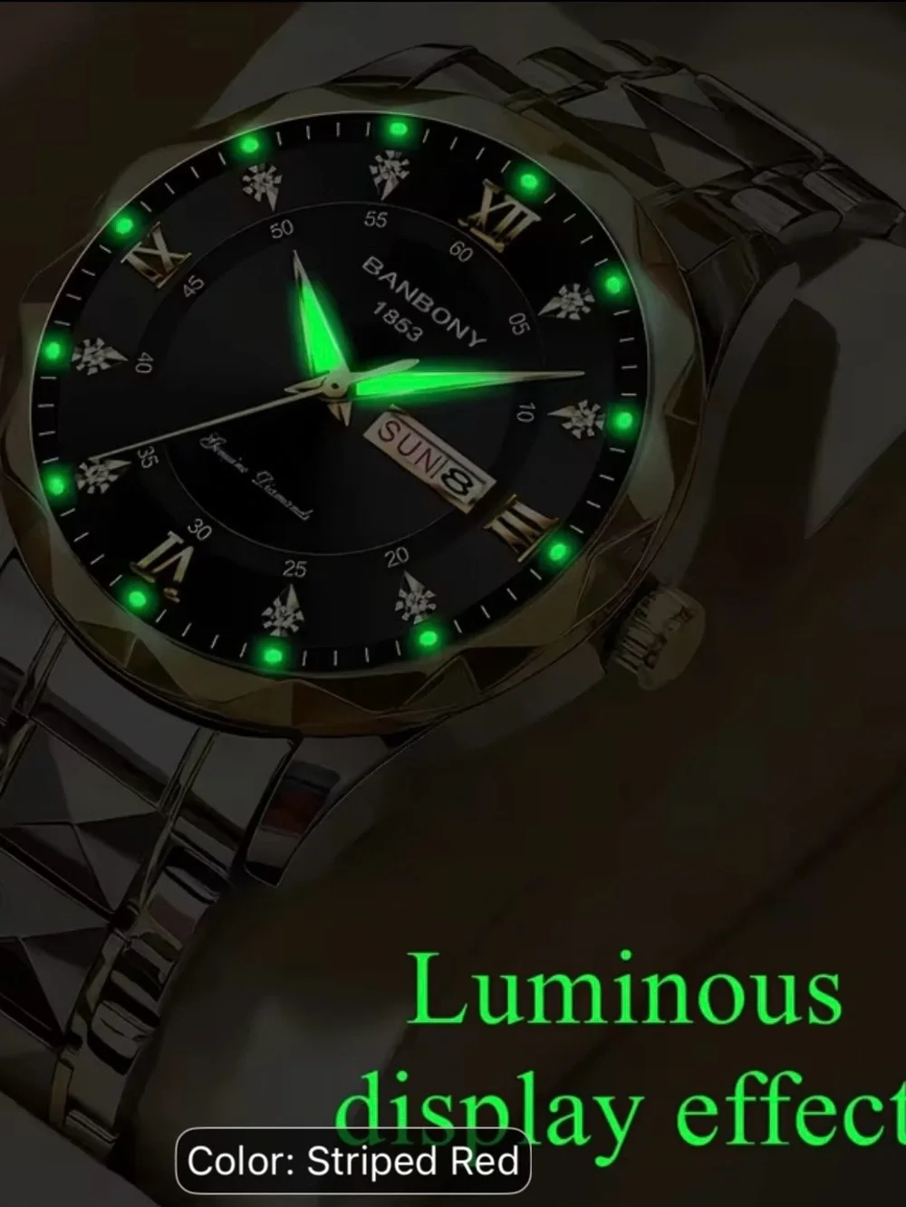 BANBONY stainless steel strip Quartz Watch with Rhinestone, Roman Numeral 41mm